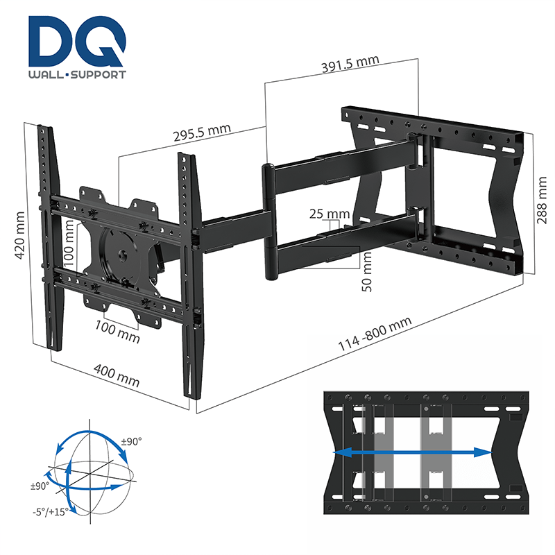 DQ Support Mural Hercules 2.0 80 cm Flex - Support TV Mural Noir
