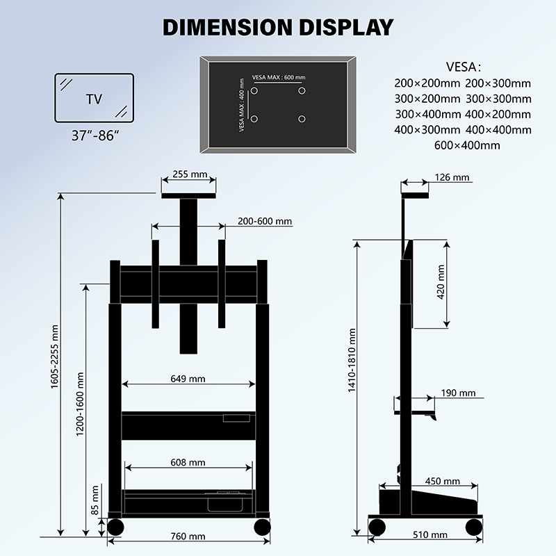 DQ Wall-Support Zelos noir Mobile – Meuble TV électrique sur pied