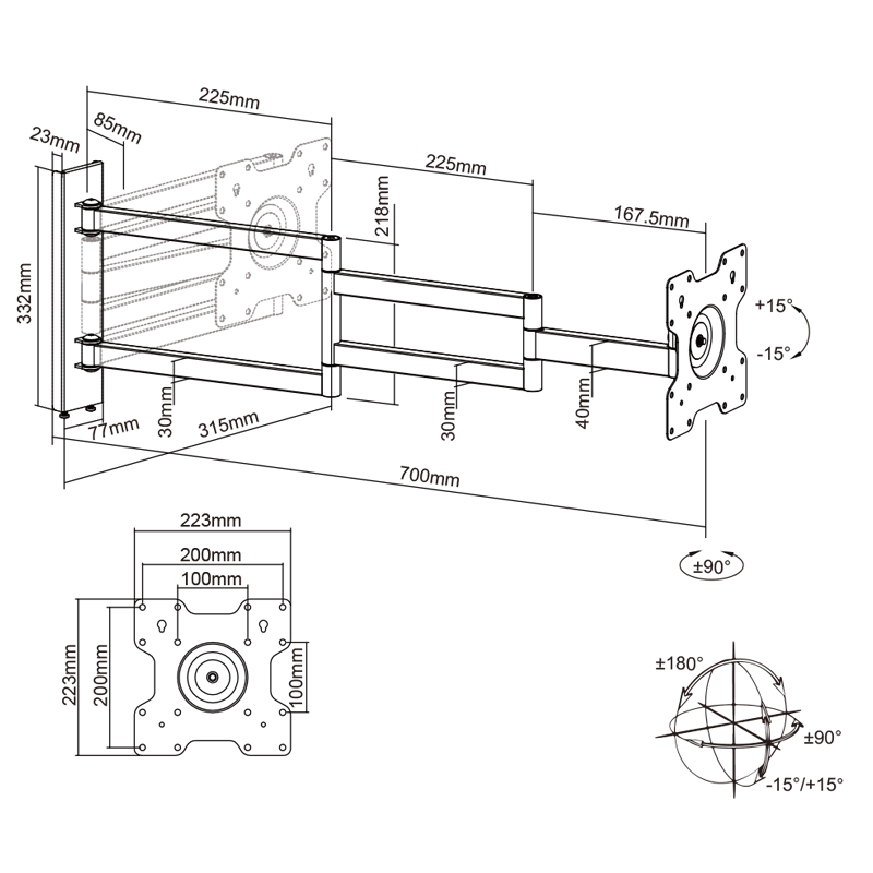 XTRARM Axis XL 70 cm Noir - Meuble TV pivotant et inclinable