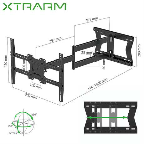 XTRARM Crius 100 cm Rotate VESA 600 - Soporte TV de pared Negro