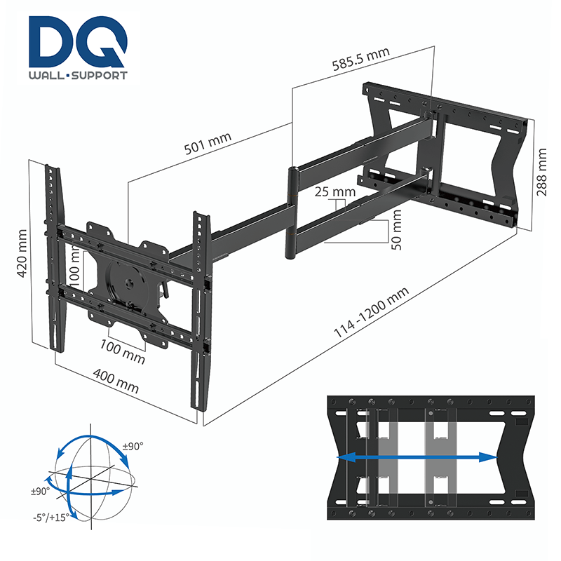 DQ Wall-Support Hercules 2.0 120 cm Flex VESA 400 - Soporte TV de pared Negro